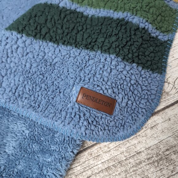 Pendleton Blue, Green, Yellow Striped Sherpa Double Sided Thrown Blanket - Picture 2 of 4